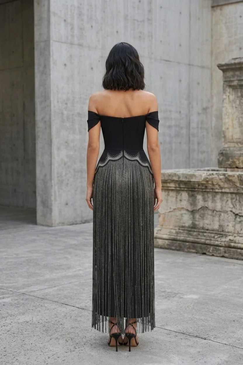 Noir Diamond Fringe Bandage Gown