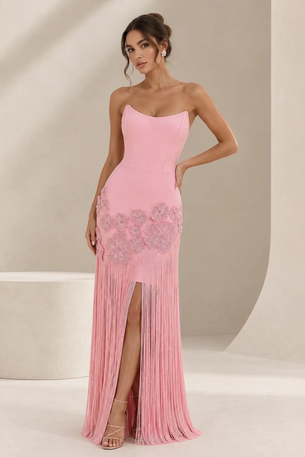 Rosa Pink 3D Floral Off-Shoulder Bandage Evening Dress with Sparkling Details and Tassels