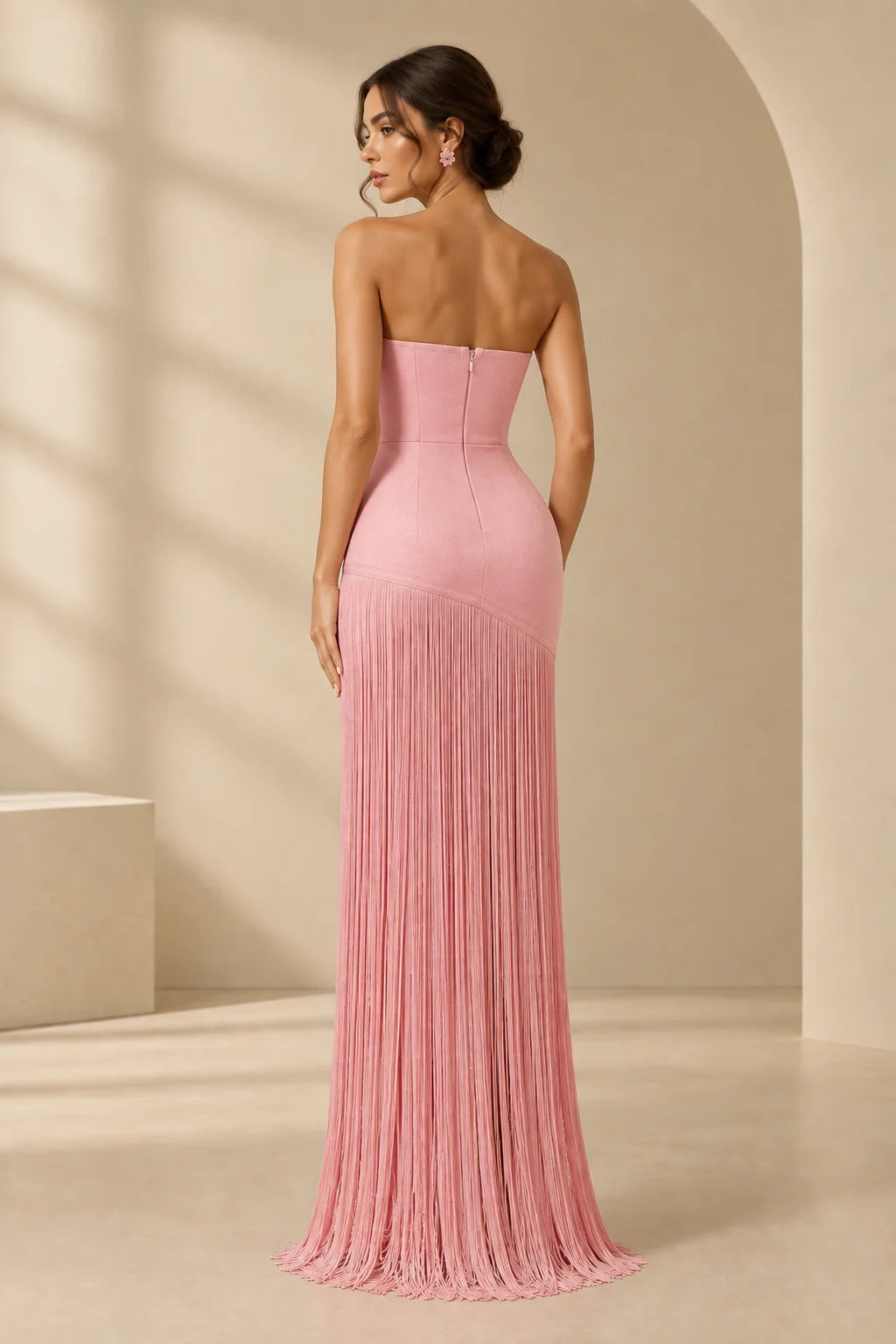 Rosa Pink 3D Floral Off-Shoulder Bandage Evening Dress with Sparkling Details and Tassels