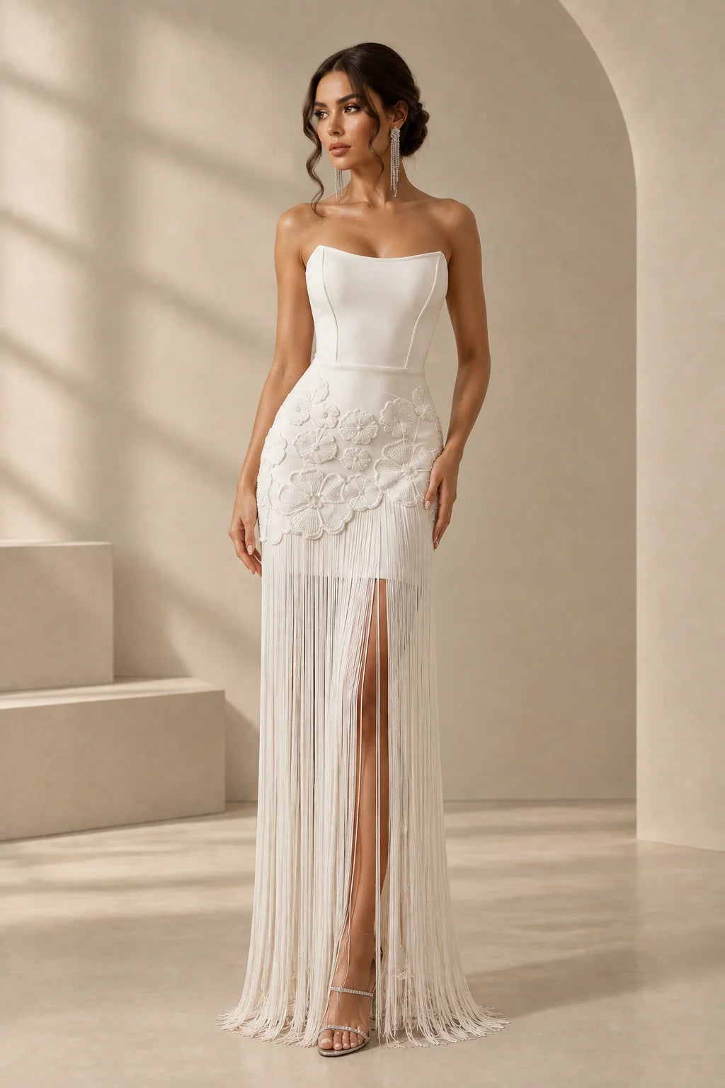 Rosa Pink 3D Floral Off-Shoulder Bandage Evening Dress with Sparkling Details and Tassels